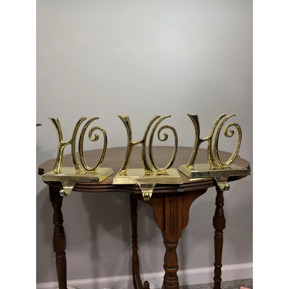 Pottery Barn Ho Ho Ho Stocking Hangers (3) Christmas Gold Tone‎